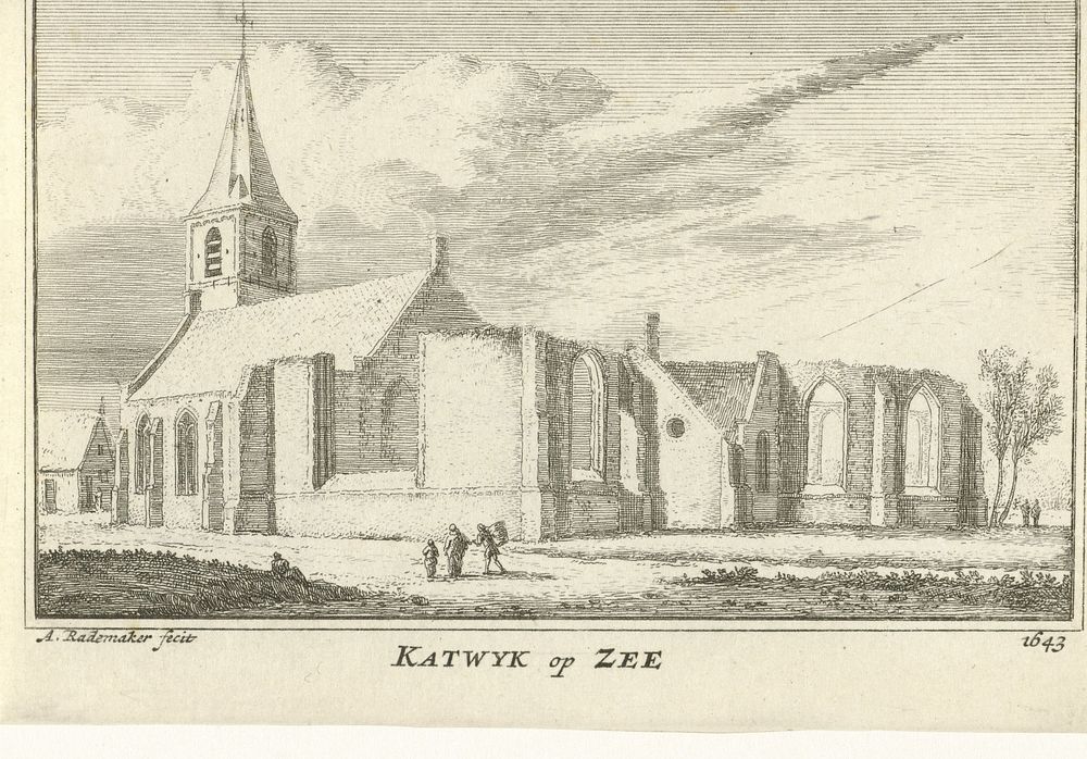 Gezicht op de kerk te Katwijk aan Zee, 1643 (1727 - 1733) by Abraham Rademaker, Willem Barents and Antoni Schoonenburg