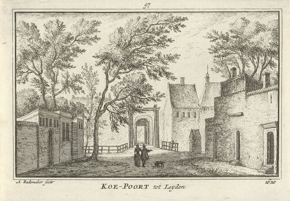 Gezicht op de Koepoort te Leiden, 1620 (1727 - 1733) by Abraham Rademaker, Willem Barents and Antoni Schoonenburg