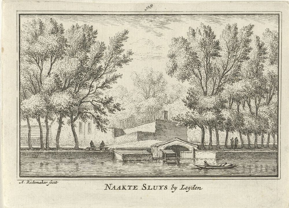 Gezicht op de Naakte Sluis bij Leiden (1727 - 1733) by Abraham Rademaker, Willem Barents and Antoni Schoonenburg