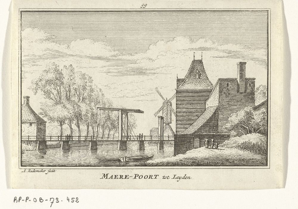 Gezicht op de Marepoort te Leiden (1727 - 1733) by Abraham Rademaker, Willem Barents and Antoni Schoonenburg