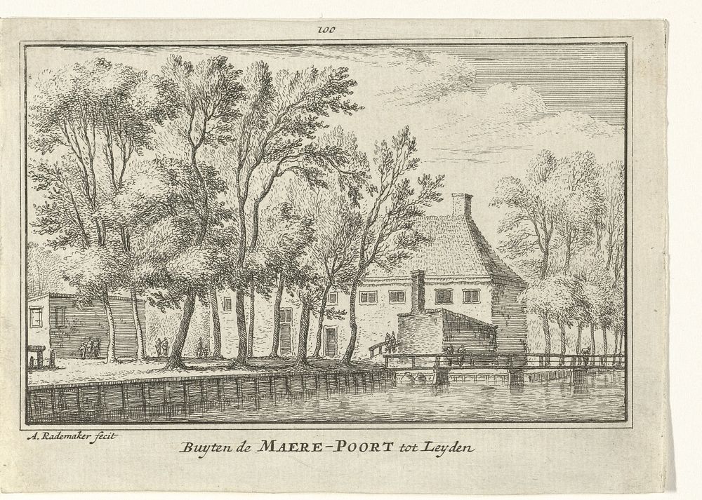 Gezicht op de brug bij de Marepoort te Leiden (1727 - 1733) by Abraham Rademaker, Willem Barents and Antoni Schoonenburg