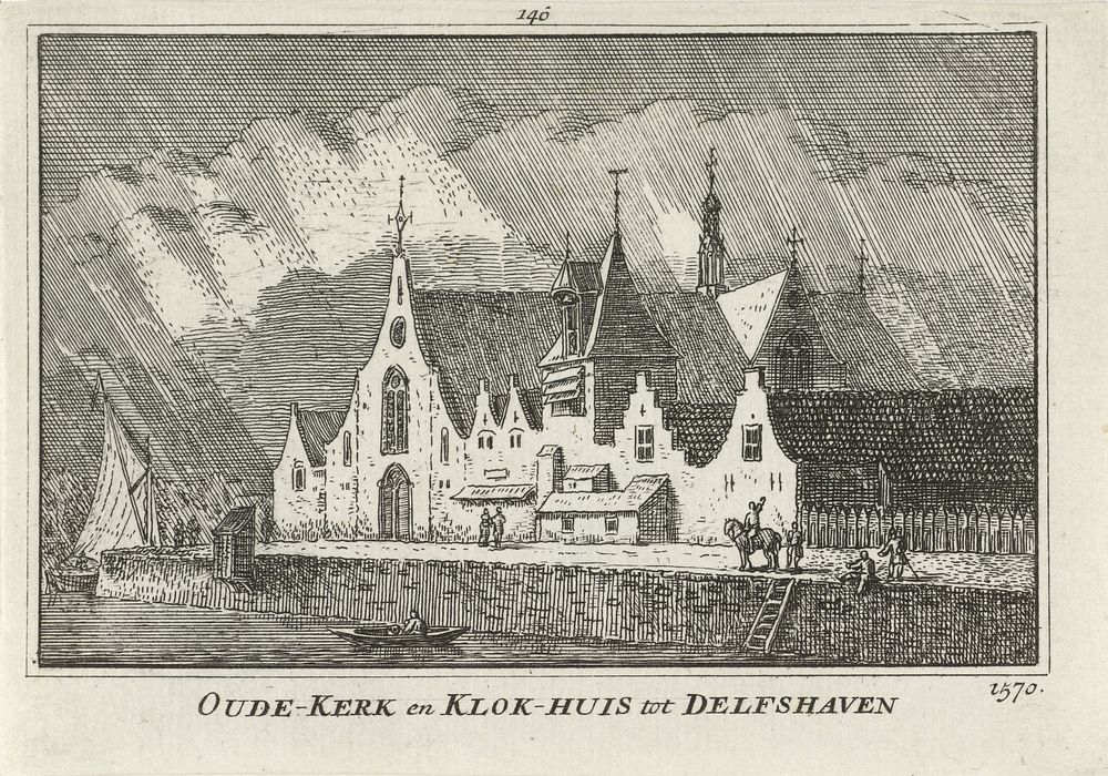 Gezicht op de Oude of Pelgrimvaderskerk en de klokkentoren te Delfshaven, 1570 (1727 - 1733) by Abraham Rademaker, Willem…