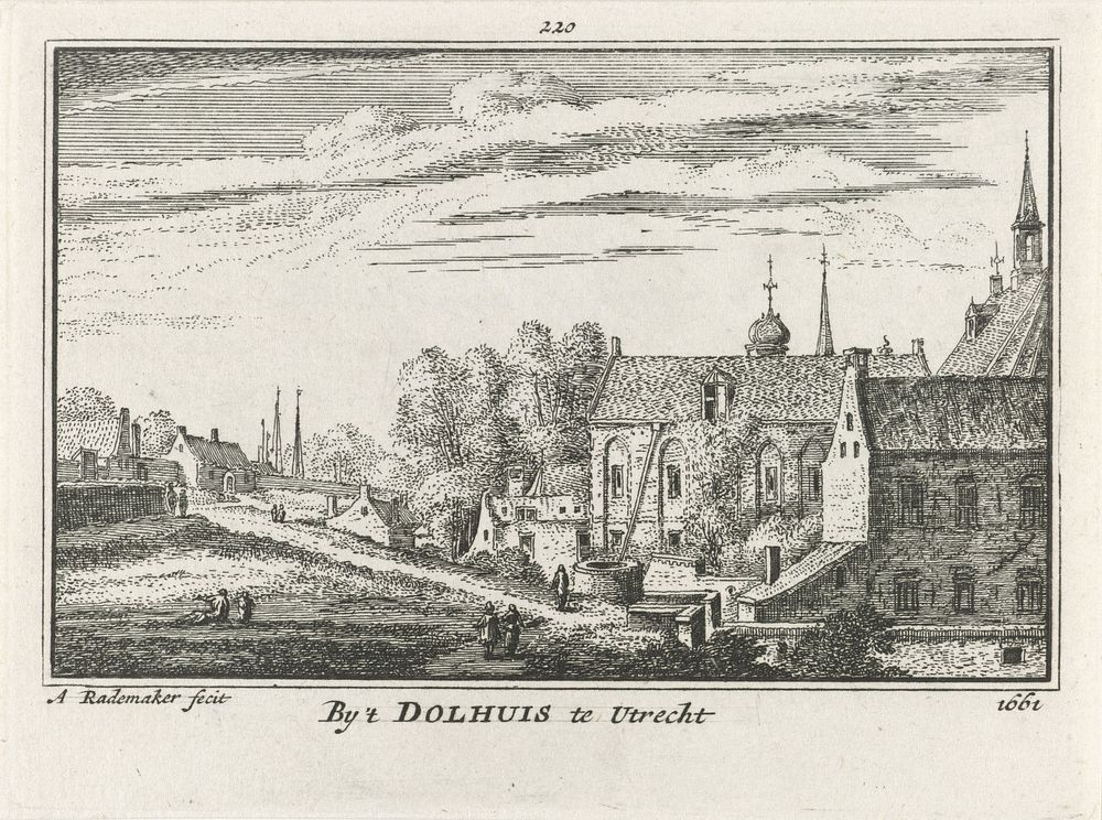 Gezicht op de stadswal bij het dolhuis en het St.-Agnietenklooster te Utrecht, 1661 (1727 - 1733) by Abraham Rademaker…