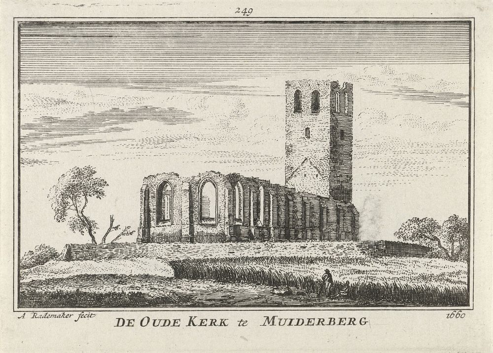 Gezicht op een geruïneerde kerk te Muiderberg, 1660 (1727 - 1733) by Abraham Rademaker, Willem Barents and Antoni…
