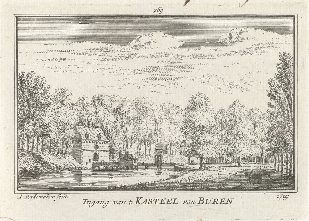 Gezicht op de voorpoort van Kasteel Buren (1727 - 1733) by Abraham Rademaker, Willem Barents and Antoni Schoonenburg