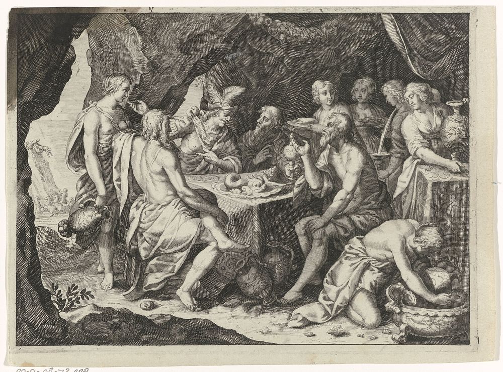 Scène uit de Metamorfosen van Ovidius: een maaltijd in een grot (1677) by Magdalena van de Passe, Hendrik van Balen I and…