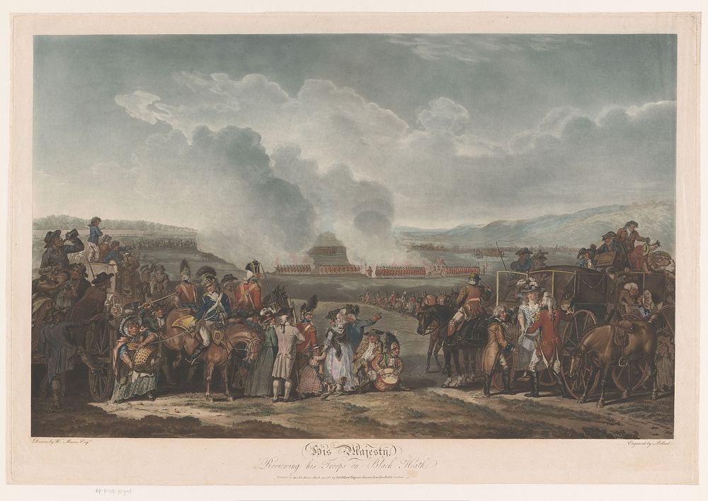 George III bekijkt zijn troepen bij Blackheath (1787) by Robert Pollard I, William Mason and Robert Pollard I