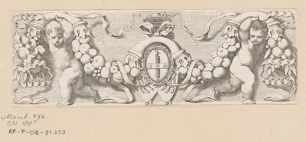 Twee putti met een guirlande van fruit en het wapen van kardinaal Jules Mazarin (1639 - 1643) by Claude Mellan and…