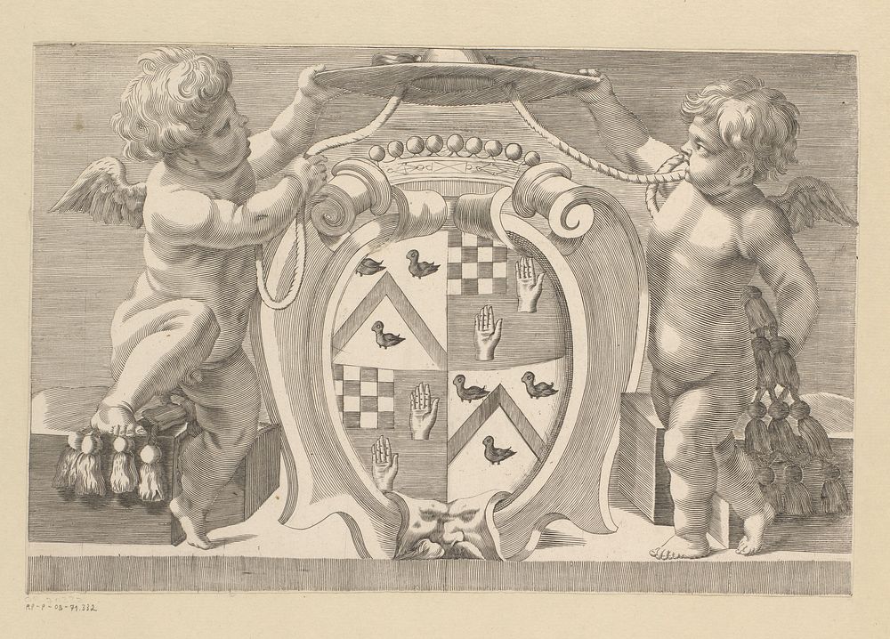 Twee putti met kardinaalshoed boven een wapenschild (1608 - 1688) by Claude Mellan