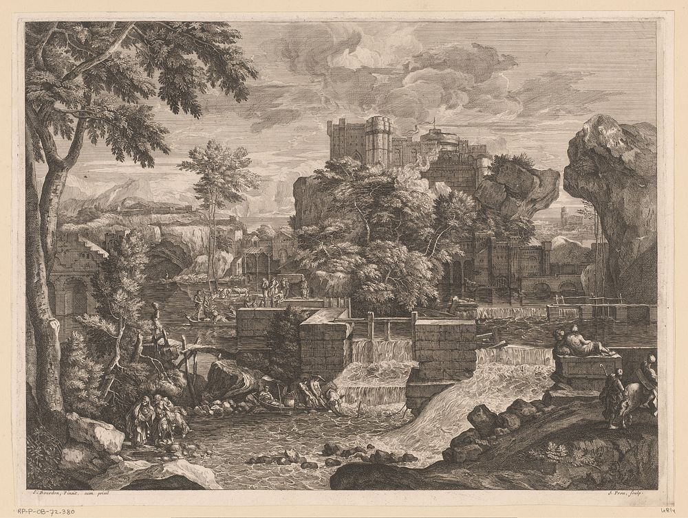 Rivierlandschap met de Heilige Familie op de vlucht naar Egypte (1634 - 1686) by Jacques Prou, Sébastien Bourdon and…