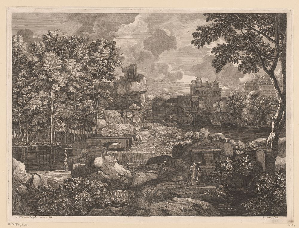 Rivierlandschap met schaapskudde en op de achtergrond enkele gebouwen (1634 - 1686) by Jacques Prou, Sébastien Bourdon and…