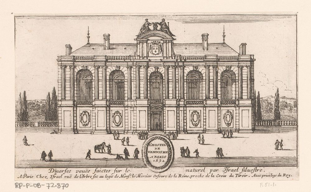 Titelprent met gezicht op het hôtel Vandosme (1652) by Israël Silvestre, Israël Henriet and Lodewijk XIV koning van Frankrijk