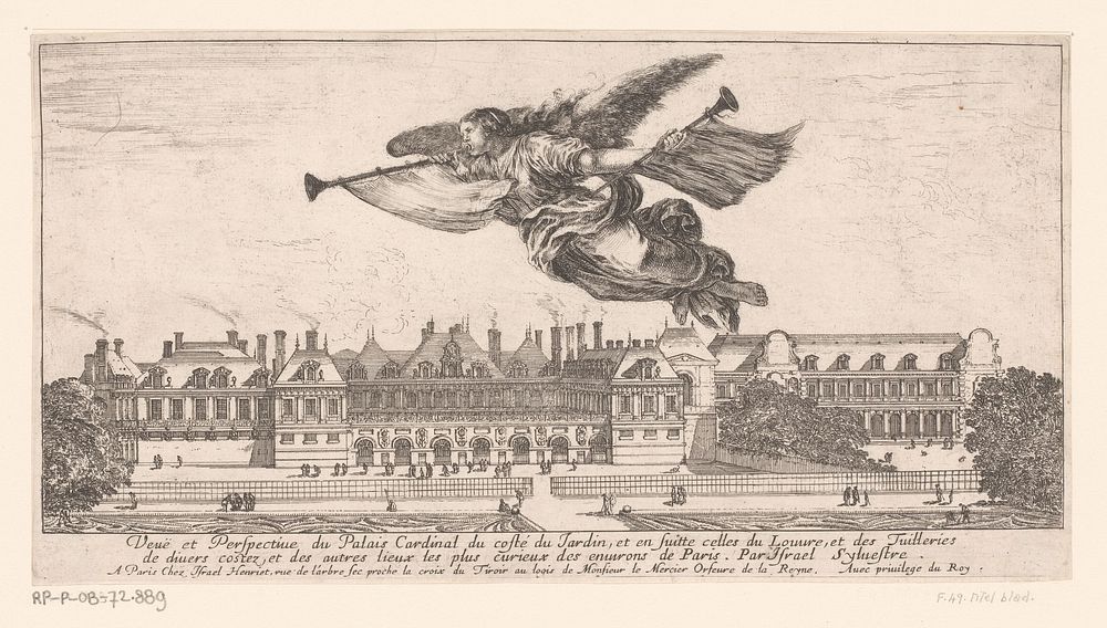 Titelprent met vliegende Fama boven het Palais-Royal (1647 - 1652) by Stefano della Bella, Israël Silvestre, Israël Henriet…
