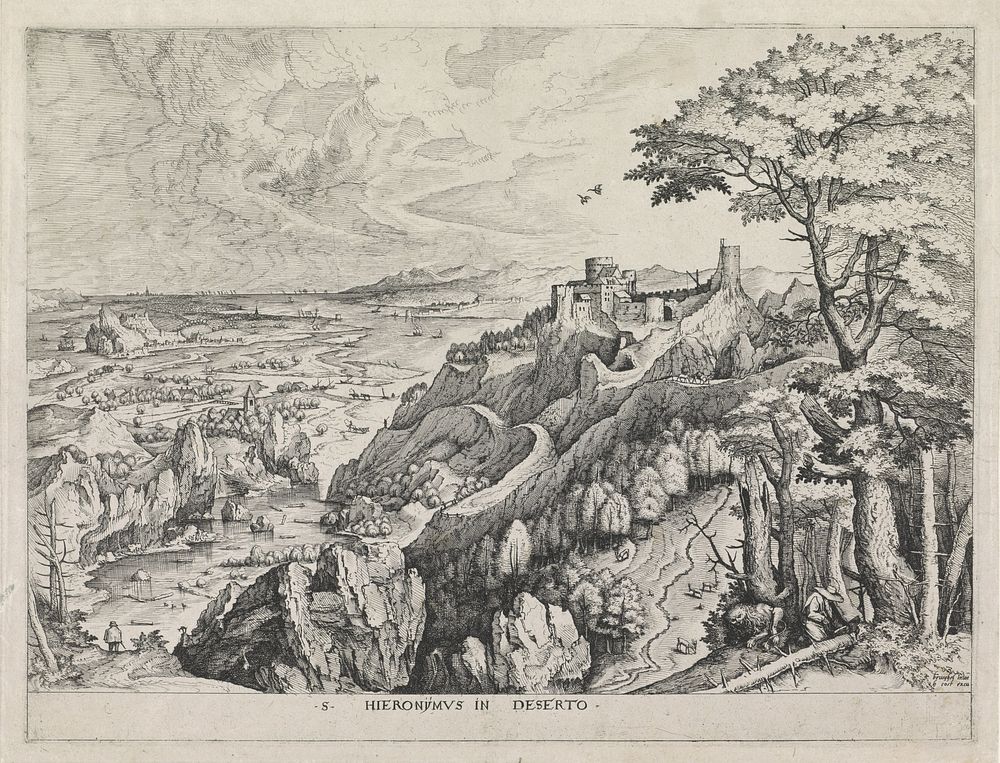 Landschap met H. Hieronymus in de woestijn (1553 - 1558) by Johannes of Lucas van Doetechum, Pieter Bruegel I and Hieronymus…