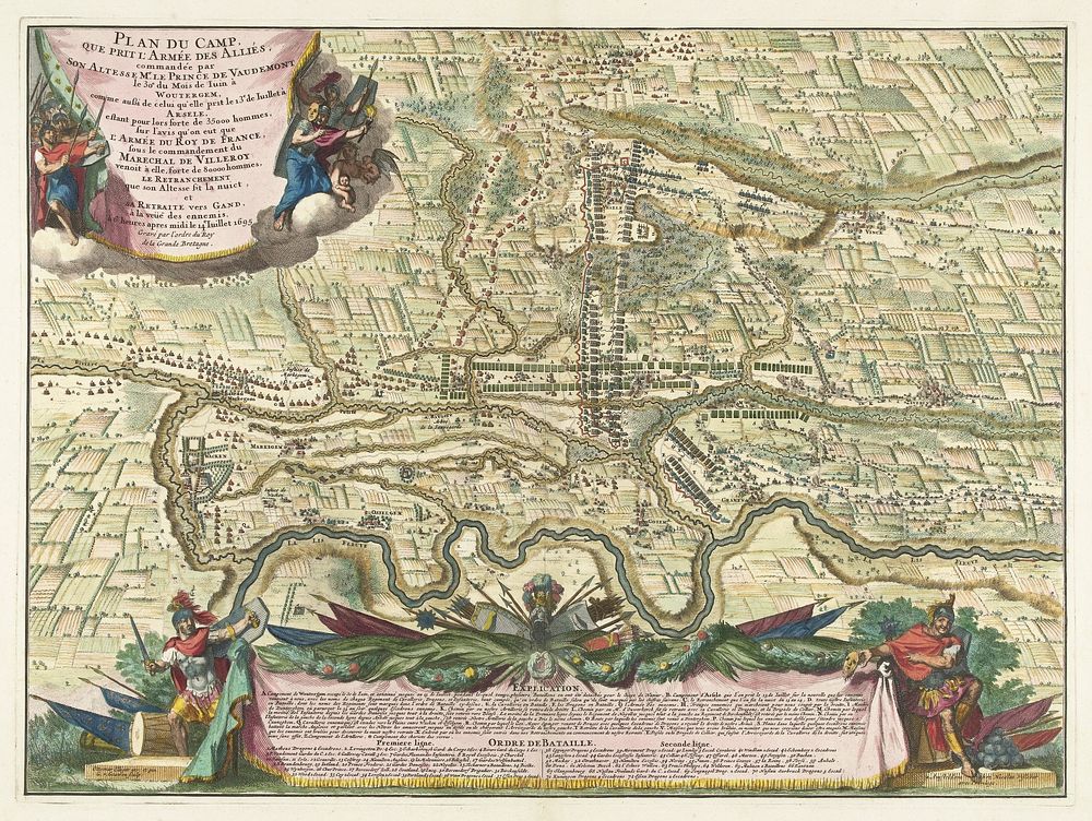 Kaart met de posities van de geallieerde en de Franse troepen West-Vlaanderen in juni en juli 1695. (1695) by Gilliam van…