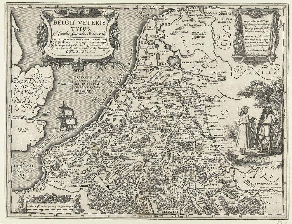 Kaart van de Nederlanden ten tijde van de Bataven (1624 - 1645) by Pieter van der Keere, Abraham Ortelius, Claes Jansz…
