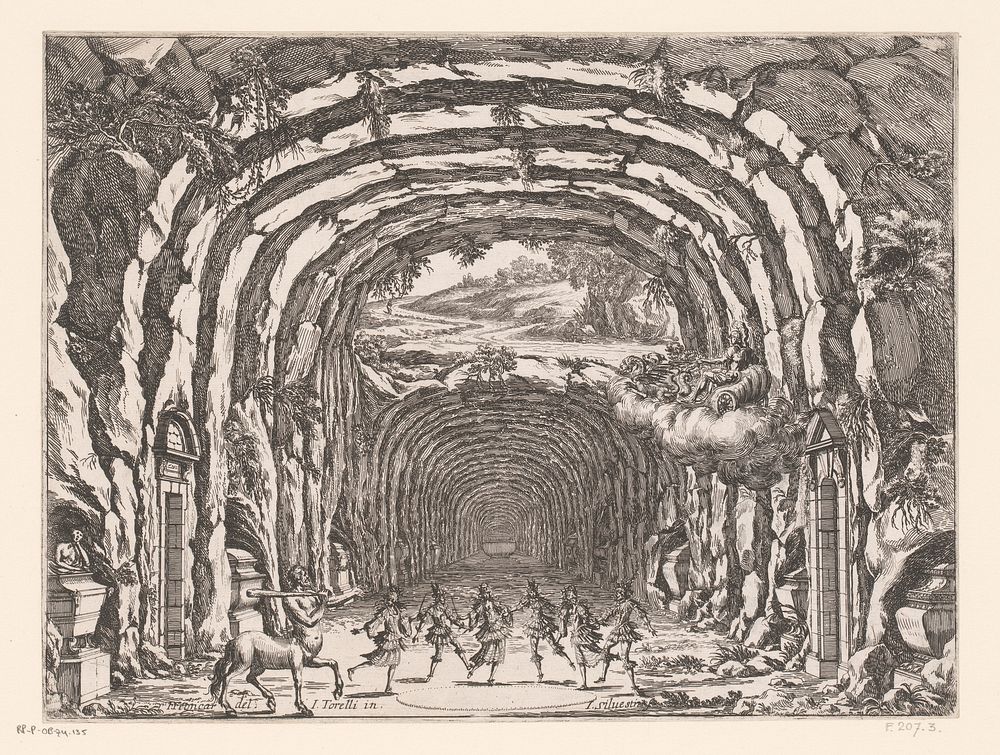 Toneeldecor met dansers in een grot (1654) by Israël Silvestre, Giacomo Torelli, François Francart I and Robert III Ballard