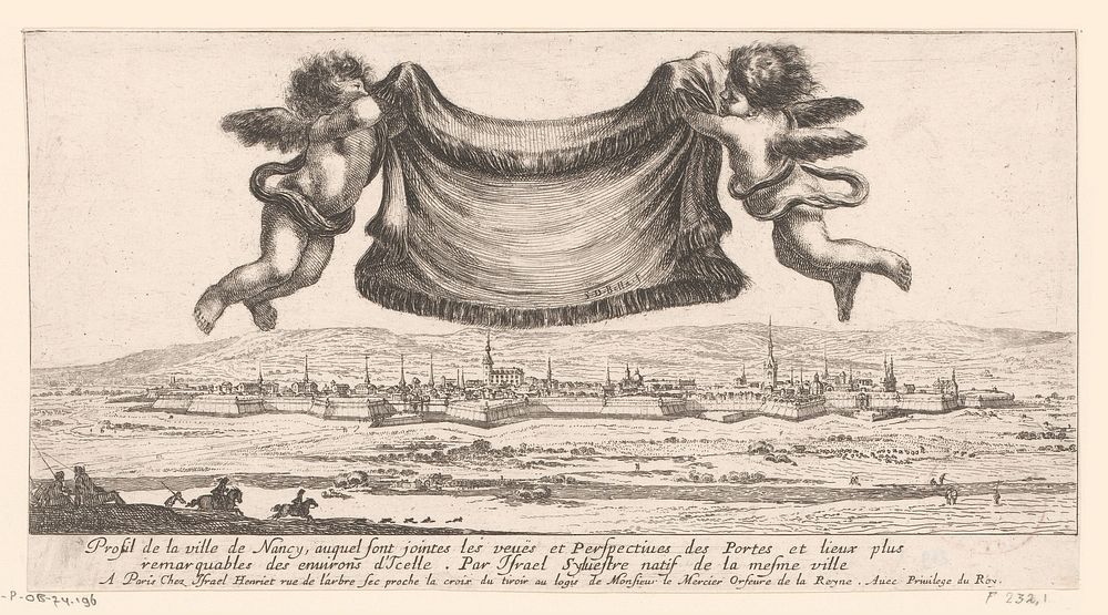 Titelprent met profiel van de stad Nancy (1650) by Israël Silvestre, Stefano della Bella, Israël Henriet and Lodewijk XIV…