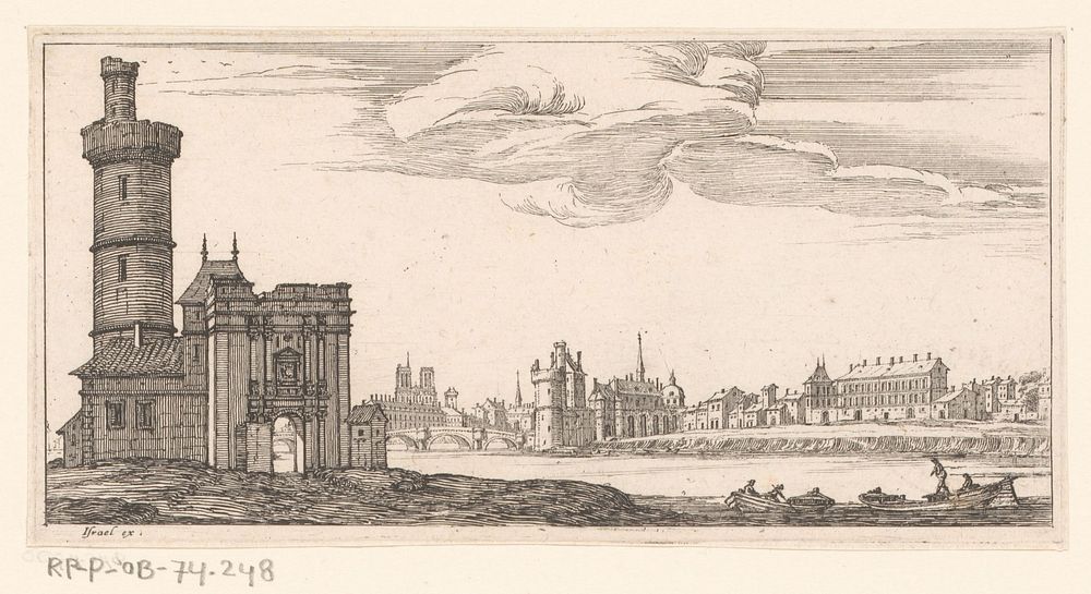 Zicht op Parijs met daarvoor de Seine, links een stadspoort (1631 - 1661) by Israël Silvestre and Israël Henriet