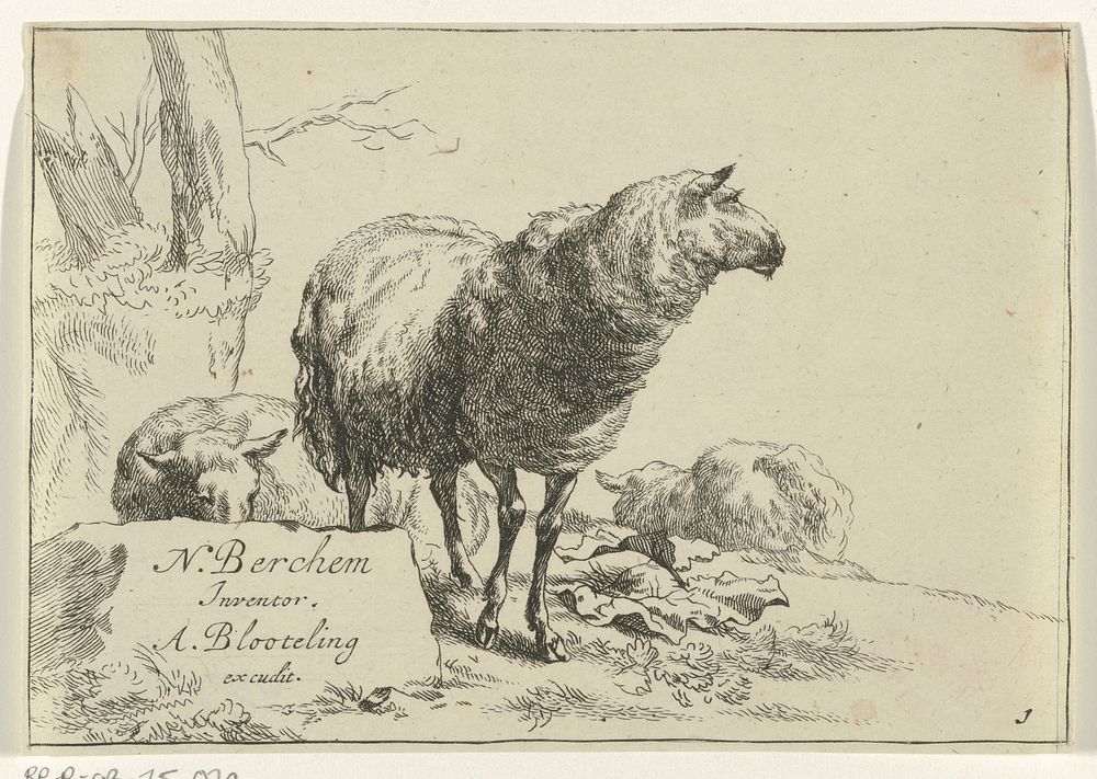 Drie schapen bij een steen (1655 - 1690) by anonymous, Nicolaes Pietersz Berchem and Abraham Bloteling