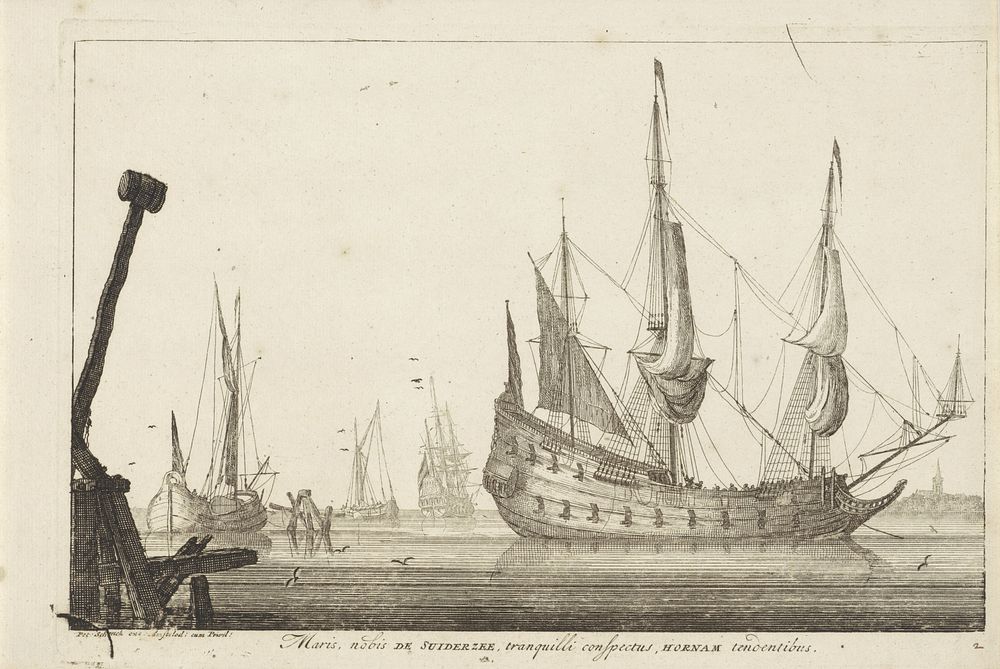 Oorlogsschip met drie masten aan een pier (1675 - 1711) by anonymous and Pieter Schenk I