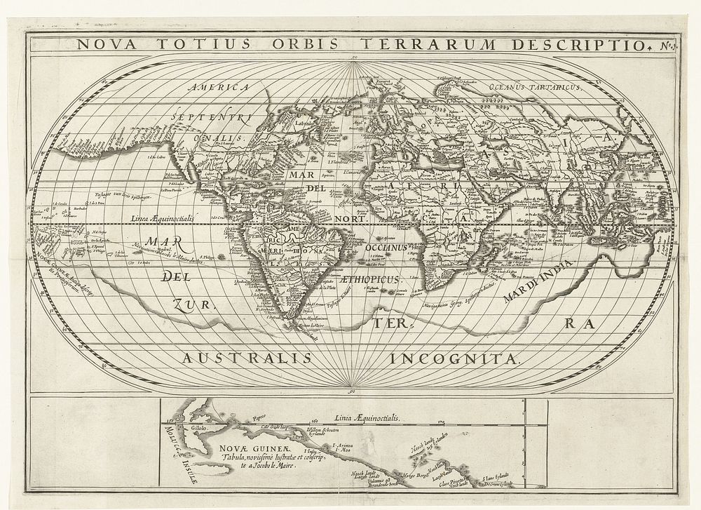 Kaart van de wereld met de reizen van Joris van Spilbergen en Jacob le Maire om de wereld, 1614-1617 (1646) by anonymous