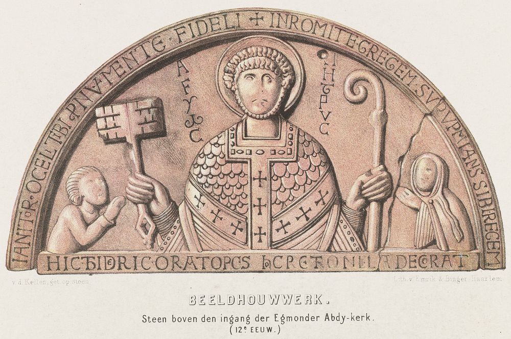 Timpaan van Egmond: boogtrommel met Petrus, graaf Dirk VI van Holland en zijn moeder gravin Petronella, ca. 1120 (1857 -…