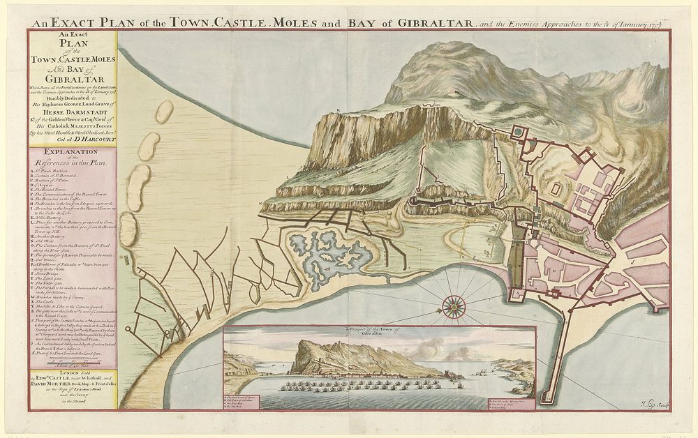 Kaart van Gibraltar, 1705 (1705) by Johannes Kip, Edward Castle and David Mortier