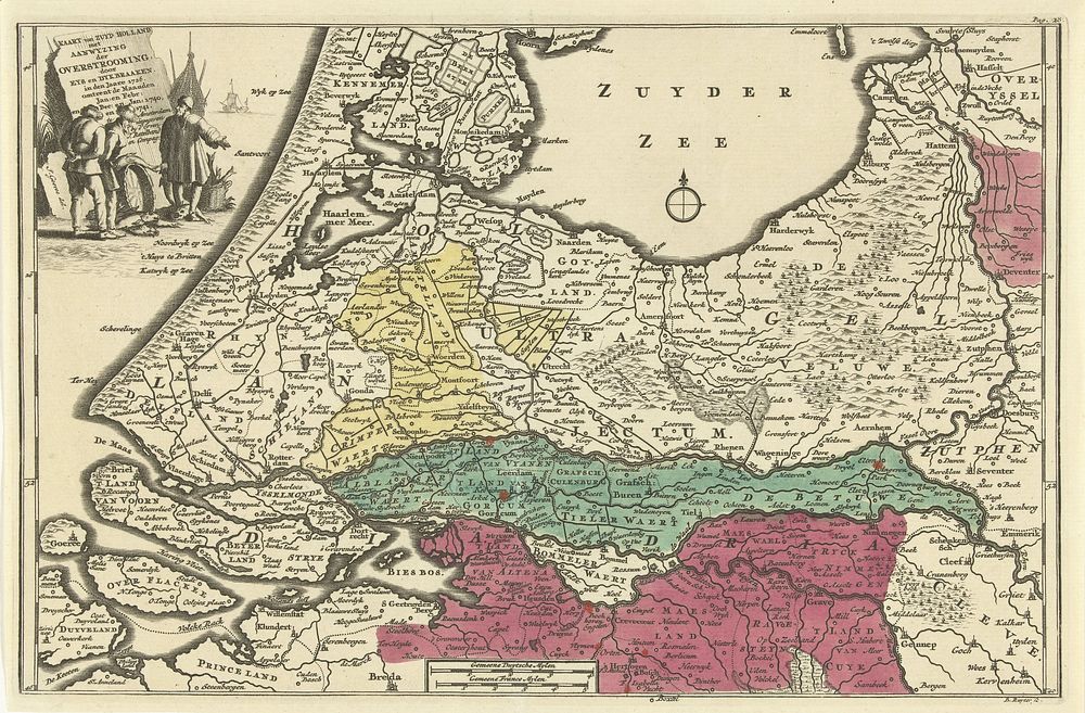 Kaart van Zuid-Holland waarop zijn aangegeven de overstromingen in de jaren 1726 en 1740-1741, met gedrukte verklaring…