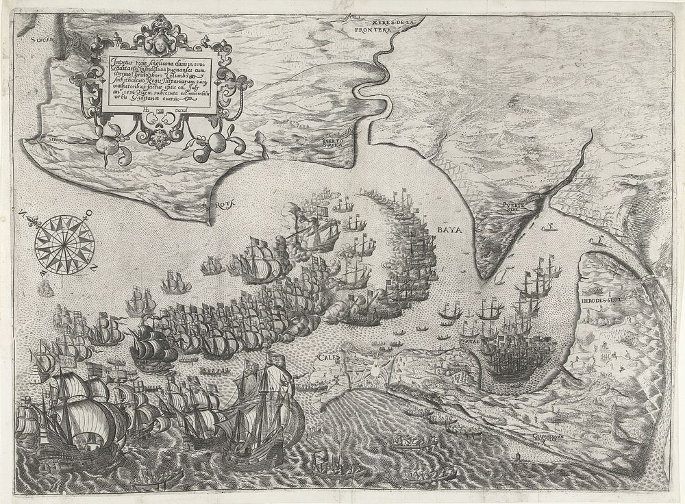 Zeeslag voor Cadiz, 1596 (1596 - 1598) by anonymous, Balthasar Florisz van Berckenrode, Joannes van Doetechum I, Joannes van…