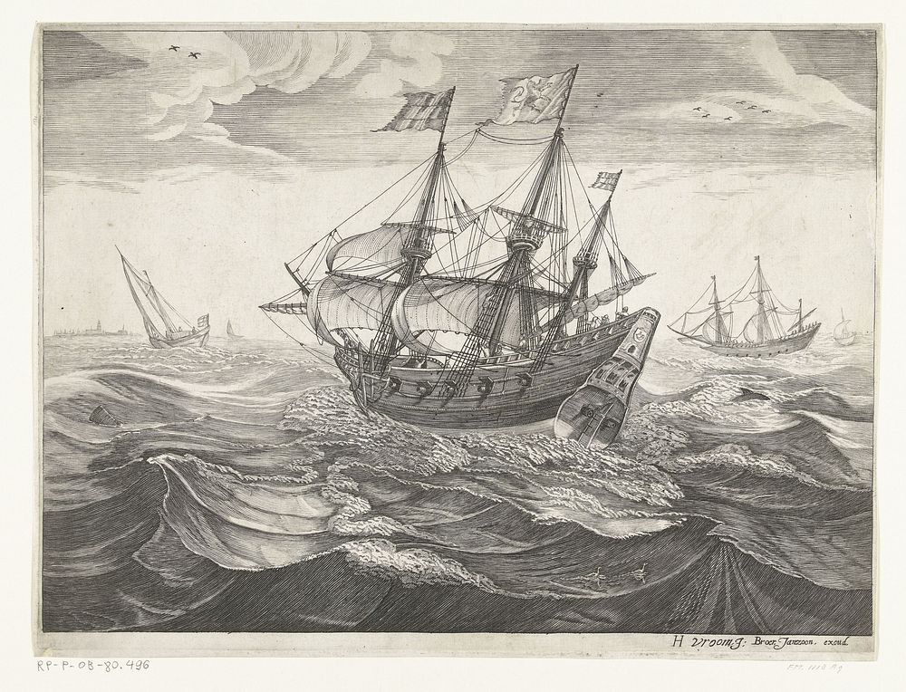 Koopvaardijschip op zee, ca. 1600 (1622 - 1649) by anonymous, Robert de Baudous, Hendrick Cornelisz Vroom and Broer Jansz …