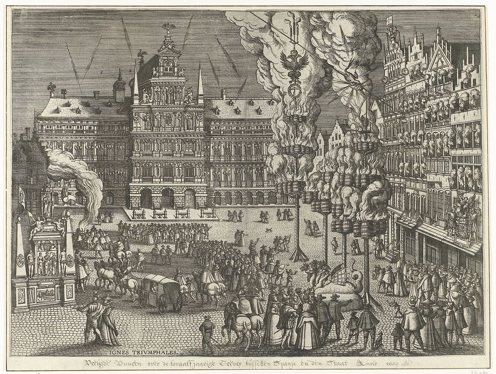 Vreugdevuren en vuurwerk op de Grote Markt, 1594 (1594 - 1595) by Pieter van der Borcht I