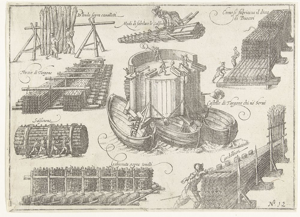 Beleg van Oostende: belegerings- en aanvalstuigen van Targone, 1603-1604 (1615) by anonymous, Baptista van Doetechum and…