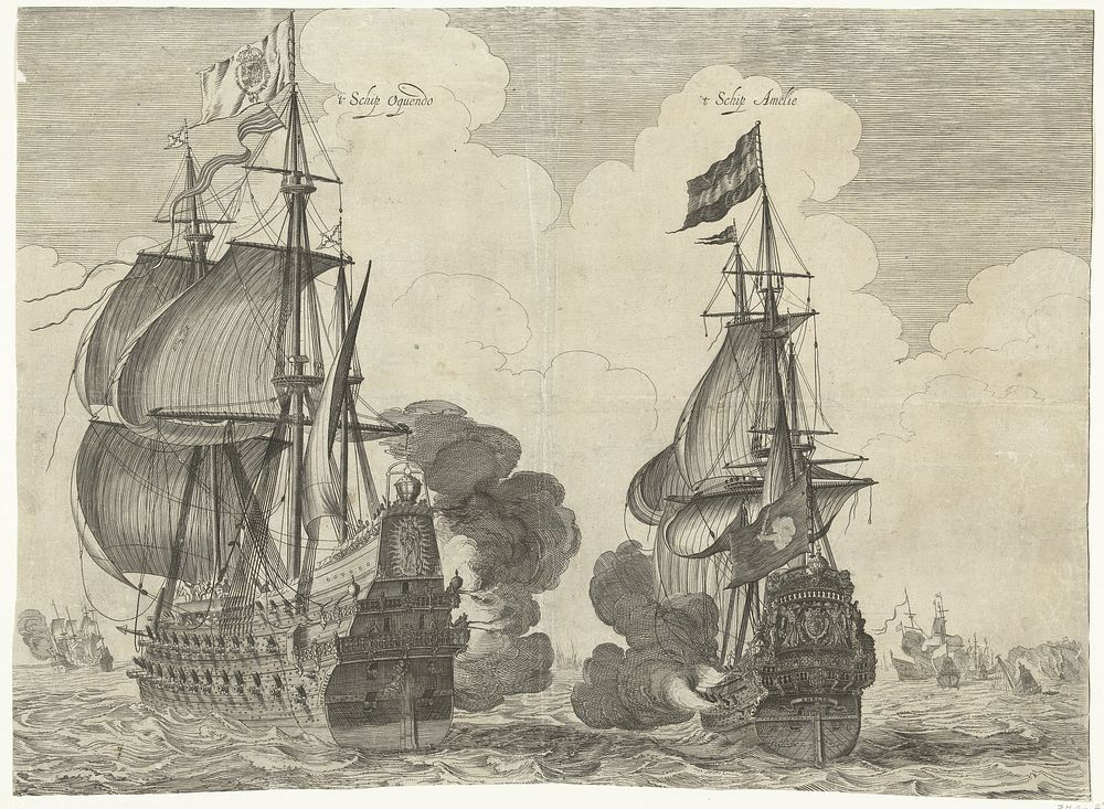 Gevecht tussen de admiraalsschepen Aemelia van Tromp en de Santa Teresa van De Oquendo tijdens de slag bij Duins, 1639 (1642…