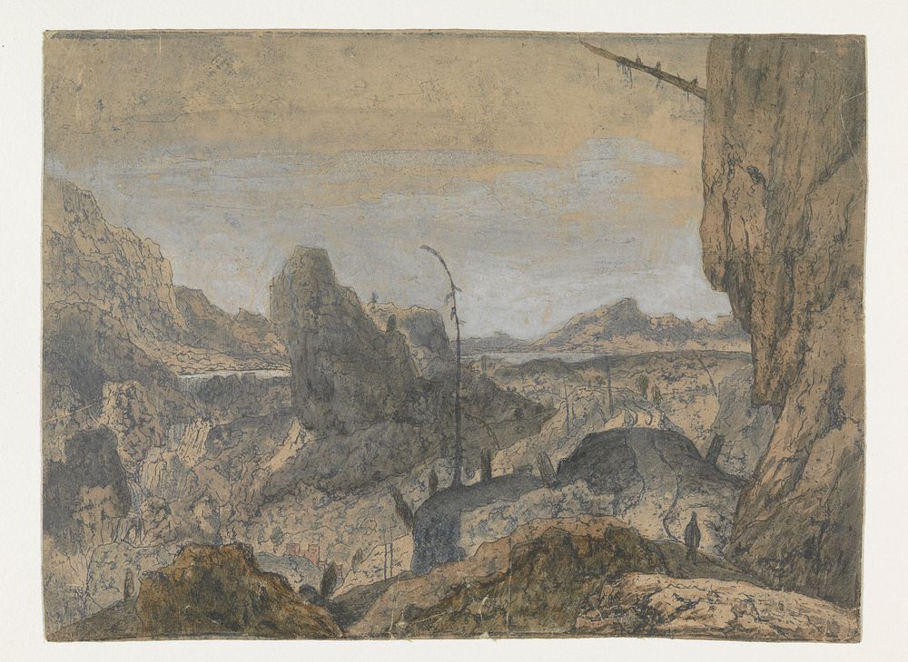 Rocky Landscape with a Man Walking to the Right, First Version (1625 - 1630) by Hercules Segers and Hercules Segers