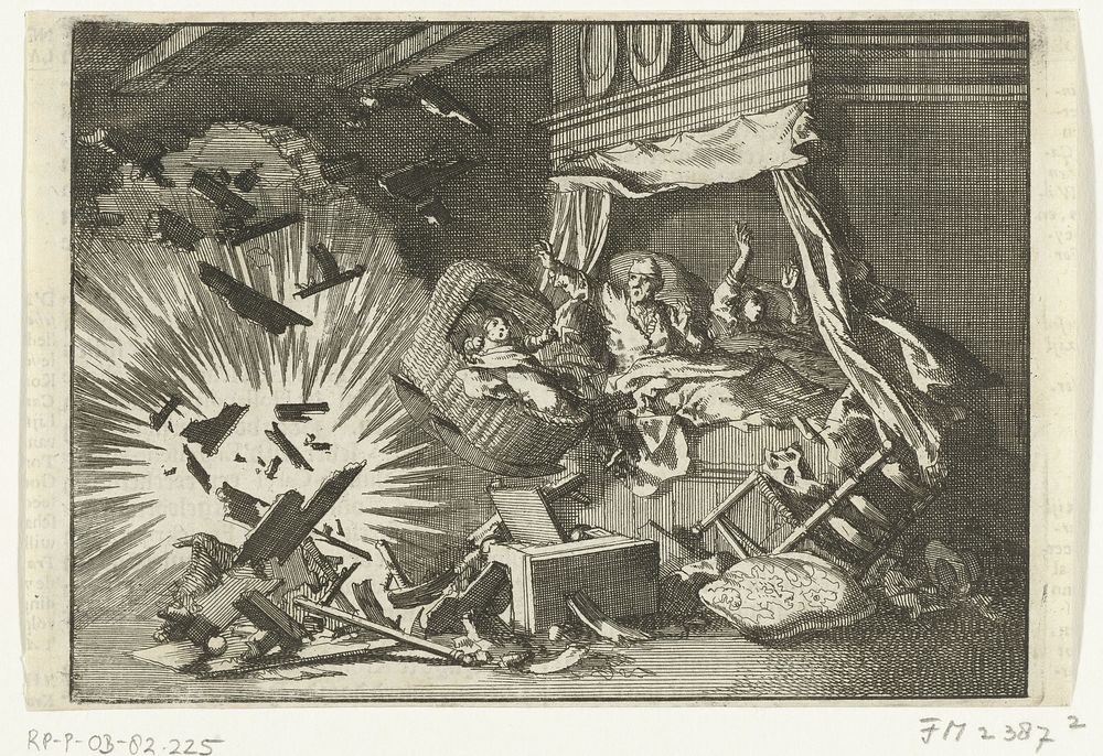 Kind in wieg overleeft ontploffing, 1672 (1696 - 1700) by Jan Luyken
