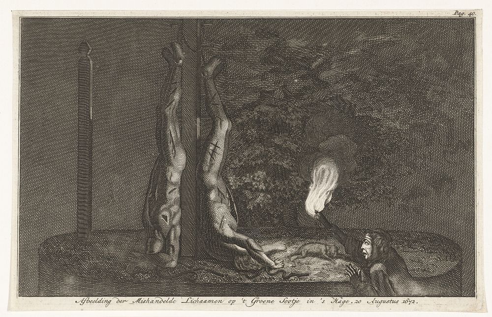 De verminkte lichamen van de gebroeders De Witt hangend aan de wip, 1672 (1680 - 1749) by anonymous and Cornelis Huyberts