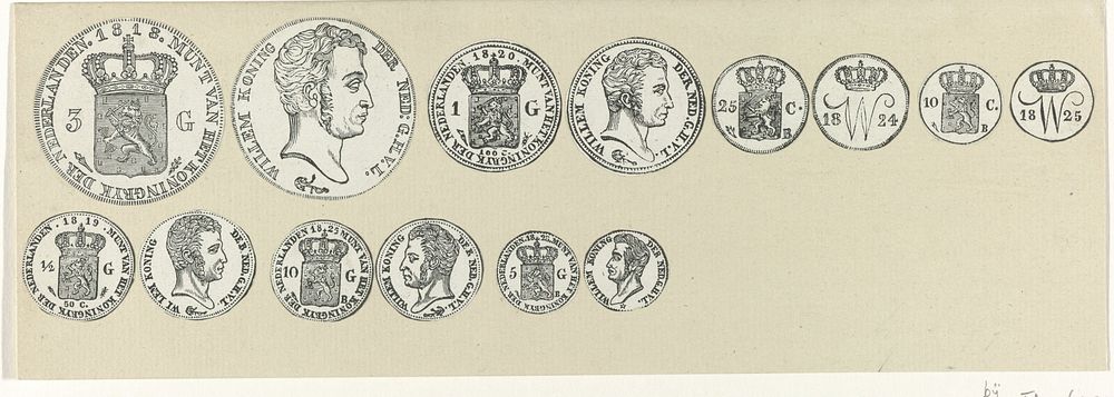 Zeven nieuwe munten, ca. 1825 (1825 - 1830) by anonymous