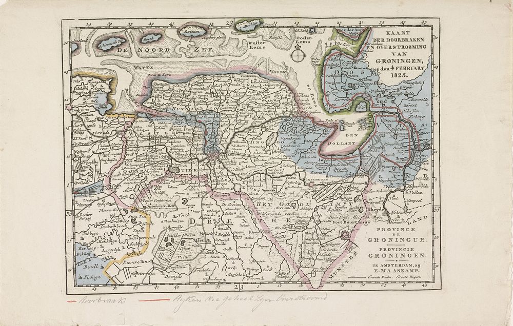 Kaart van het gebied in Groningen getroffen door de overstromingen in 1825 (1825) by anonymous and Evert Maaskamp