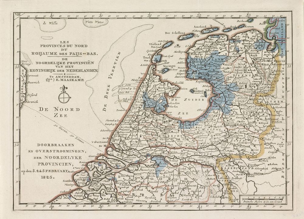 Kaart van het gebied in het noorden van Nederland getroffen door de overstromingen in 1825 (1825) by anonymous and Evert…