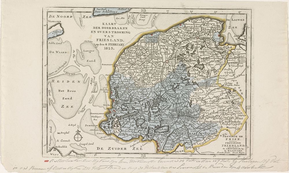 Kaart van het gebied in Friesland getroffen door de overstromingen in 1825 (1825) by anonymous and Evert Maaskamp