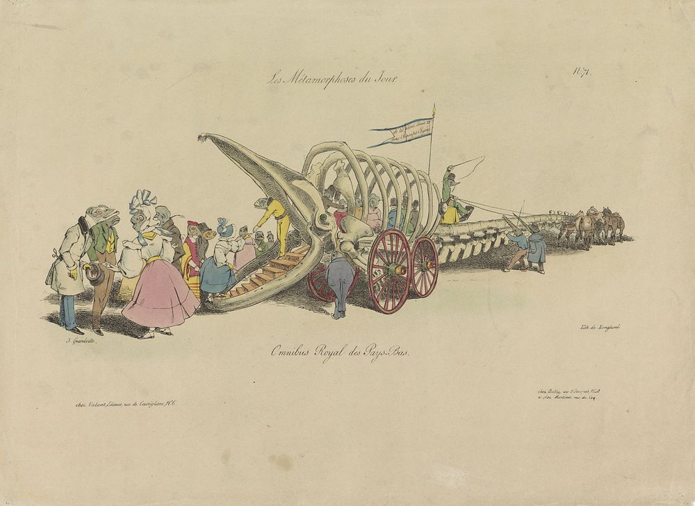 Walvisgeraamte als de Koninklijke Nederlandse omnibus, 1829 (1829) by Jean Ignace Isidore Gérard Grandville, Pierre Langlumé…