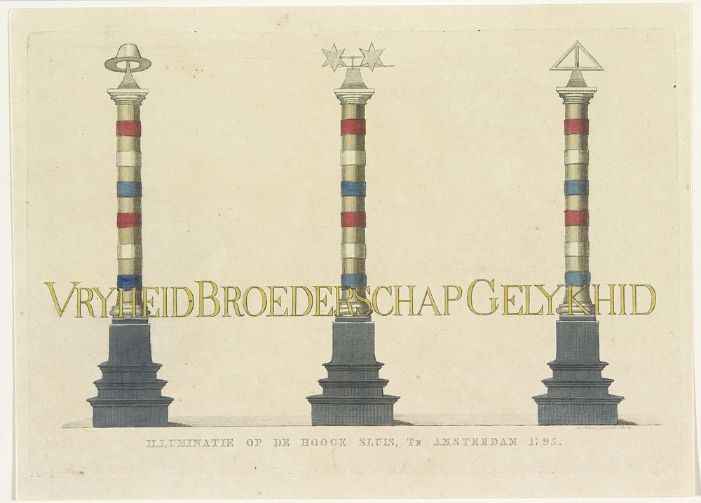 Vrijheid, Broederschap en Gelijkheid, decoratie op de Hogesluis, 1795 (1795) by A Schol II