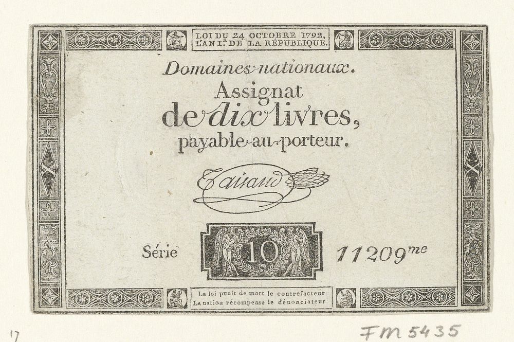 Assignaat van 10 livres, 1792 (1792) by Domaines nationaux