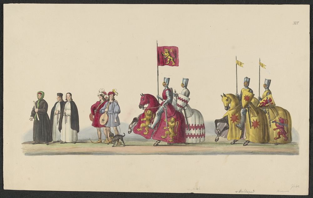 Gekostumeerde optocht van 1841: ridders (blad XIV) (1841) by anonymous, Johannes Paulus Houtman and August Arnz and Co