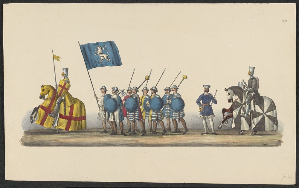 Gekostumeerde optocht van 1841: ridders (blad XVI) (1841) by anonymous, Johannes Paulus Houtman and August Arnz and Co