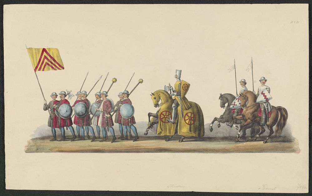 Gekostumeerde optocht van 1841: ridder (blad XVII) (1841) by anonymous, Johannes Paulus Houtman and August Arnz and Co
