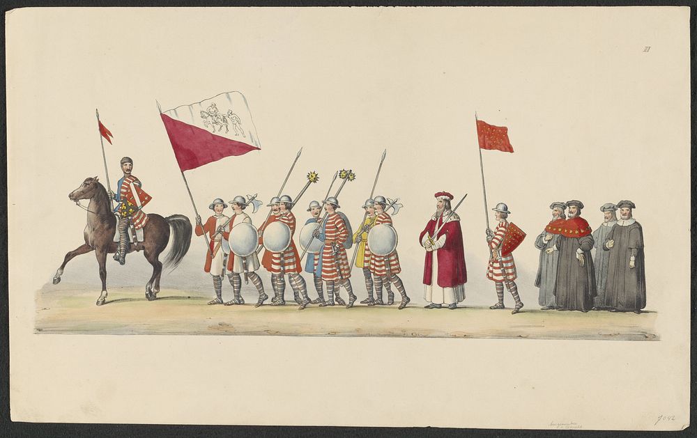 Gekostumeerde optocht van 1841: ruiter en voetsoldaten (blad II) (1841) by anonymous, Johannes Paulus Houtman and August…
