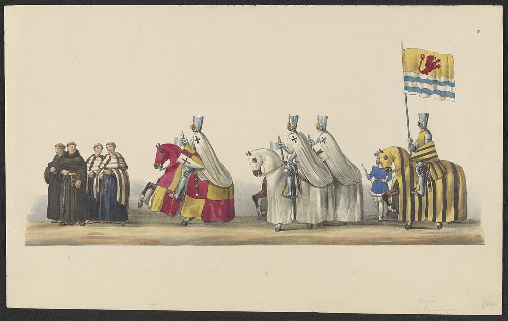 Gekostumeerde optocht van 1841: ridders (blad V) (1841) by anonymous, Johannes Paulus Houtman and August Arnz and Co