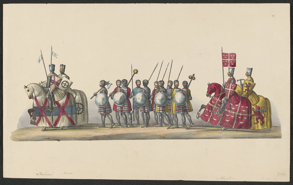 Gekostumeerde optocht van 1841: ridders en soldaten (blad VI) (1841) by anonymous, Johannes Paulus Houtman and August Arnz…